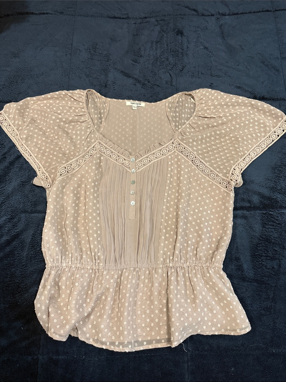 Daniel Rainn Taupe Polka Dot Peplum Blouse with Lace Trim